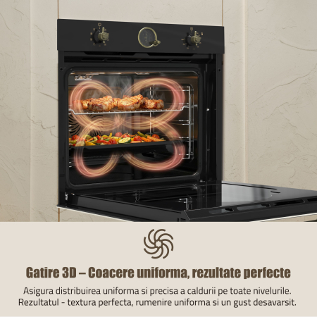 Cuptor incorporabil Electric Rustic 74L, Clasa A, 9 Funcții, Putere cuptor 2610-3110 W, Grill & Convectie 3D, Autocurățare Catalitică, Panou Sticlă Neagră [4]