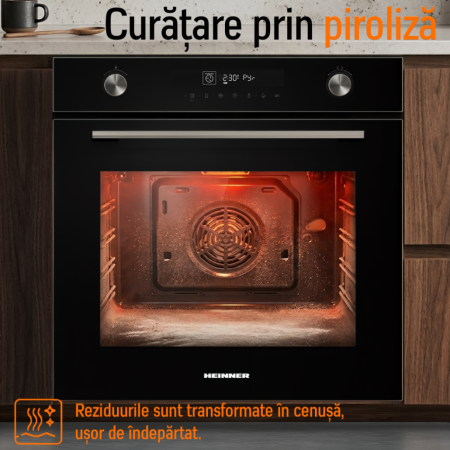 Cuptor incorporabil HEINNER HBO-M7212GCDRP-GBK, electric, 72L, clasa A+, 12 funcții, autocurățare pirolitică, funcție Pizza, fermentare, suport telescopic, sticlă neagră [5]