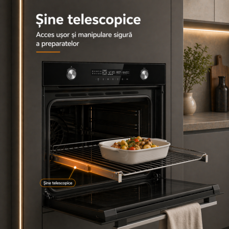Cuptor incorporabil HEINNER HBO-M7212GCDRP-GBK, electric, 72L, clasa A+, 12 funcții, autocurățare pirolitică, funcție Pizza, fermentare, suport telescopic, sticlă neagră [6]