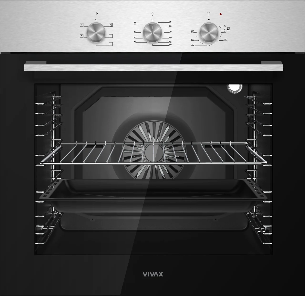 Electronice & Electrocasnice - Cuptor incorporabil VIVAX BO-806BFTM X, Electric, Clasa A, Capacitate 80 l, 5 programe + Lumina, Grill, Convectie, Temperatura ajustabila 40–240°C, 2500W, Timer, Ghidaje cromate detasabile, Usa dubla