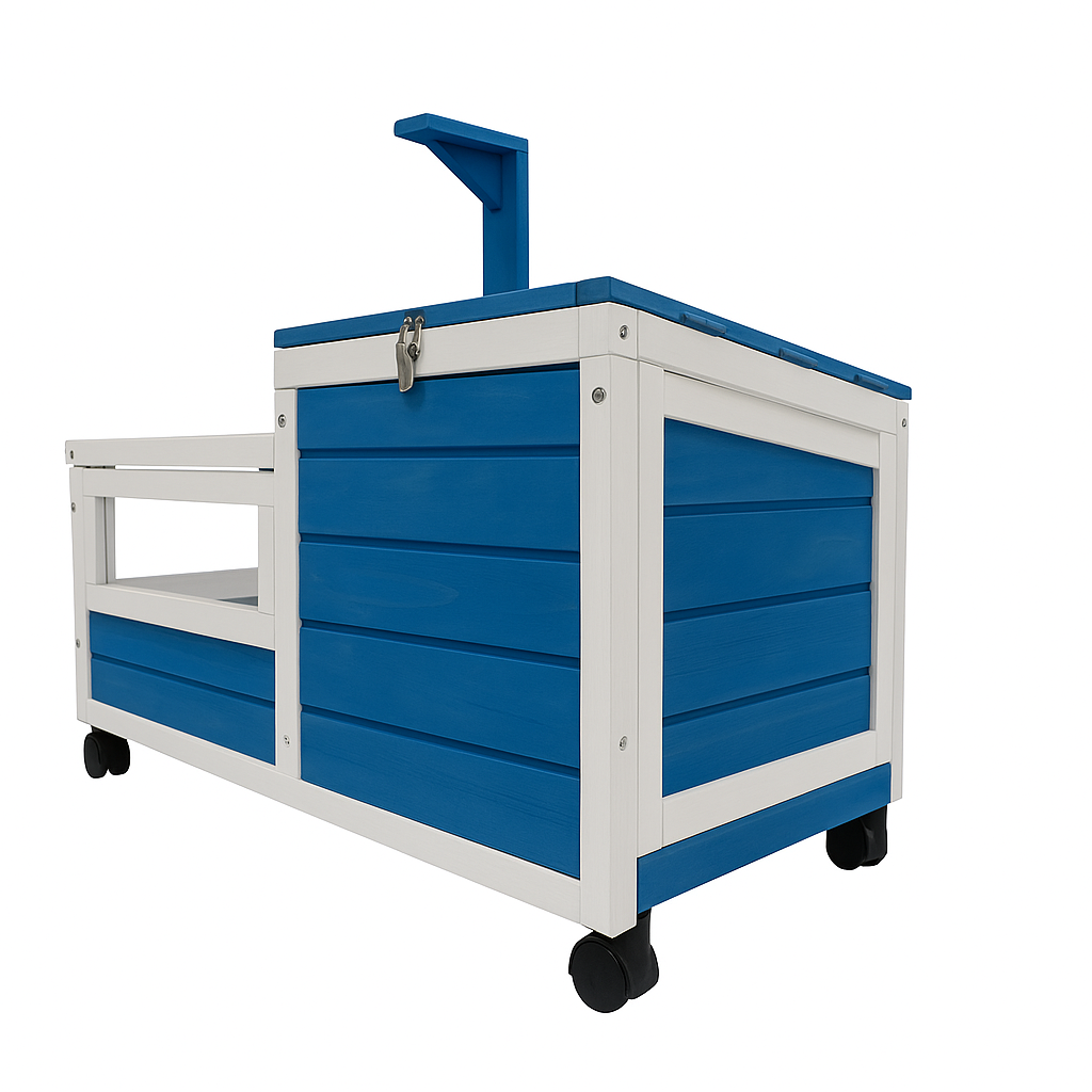 Cușcă mobilă din lemn pentru broaște țestoase și reptile BUNTZ, cu acoperiș rabatabil, tăvi detasabile, roți, 99.5 x 33 x 43.5 cm, Albastru-Alb [3]