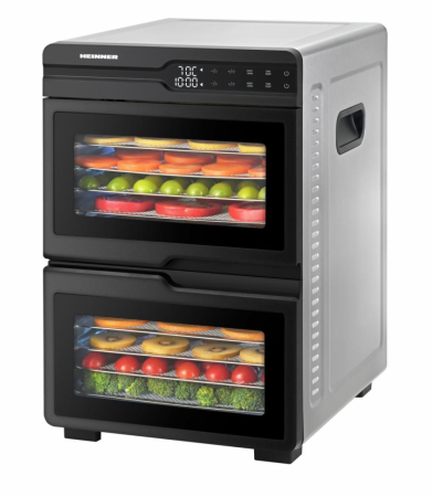 Deshidratoare - Deshidrator fructe, legume și carne Heinner DualDry Pro, 1200W, Timer 48H, Inox 1000-1200W, display led si control touch, dubla compartimentare, 12 tavi inox, 2 tavi rulouri fructe, 2 tavi grilaj maru