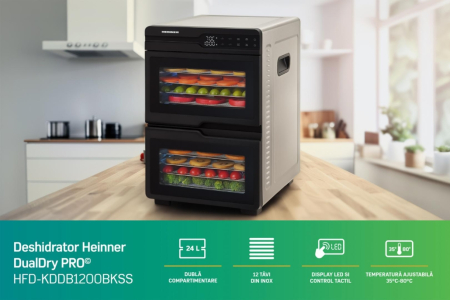 Deshidrator fructe, legume și carne Heinner DualDry Pro, 1200W, Timer 48H, Inox 1000-1200W, display led si control touch, dubla compartimentare, 12 tavi inox, 2 tavi rulouri fructe, 2 tavi grilaj maru [1]