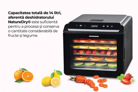 Deshidrator fructe și legume Heinner HFD-KD600BK, 14L, Temporizator și Control Temperatură, 500-600W, Display LED si control touch, 6 tavi inox, 1 tava rulouri fructe, 1 tava grilaj marunt, 35-75 grad [4]