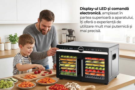 Deshidrator pentru fructe, legume și carne Heinner DualDry Elite, Display Touch, 1200-1400W, 16 Tăvi Inox, 29L, Dublă Zonă de Uscare, 35-80°C [10]