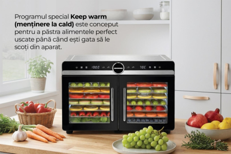 Deshidrator pentru fructe, legume și carne Heinner DualDry Elite, Display Touch, 1200-1400W, 16 Tăvi Inox, 29L, Dublă Zonă de Uscare, 35-80°C [12]