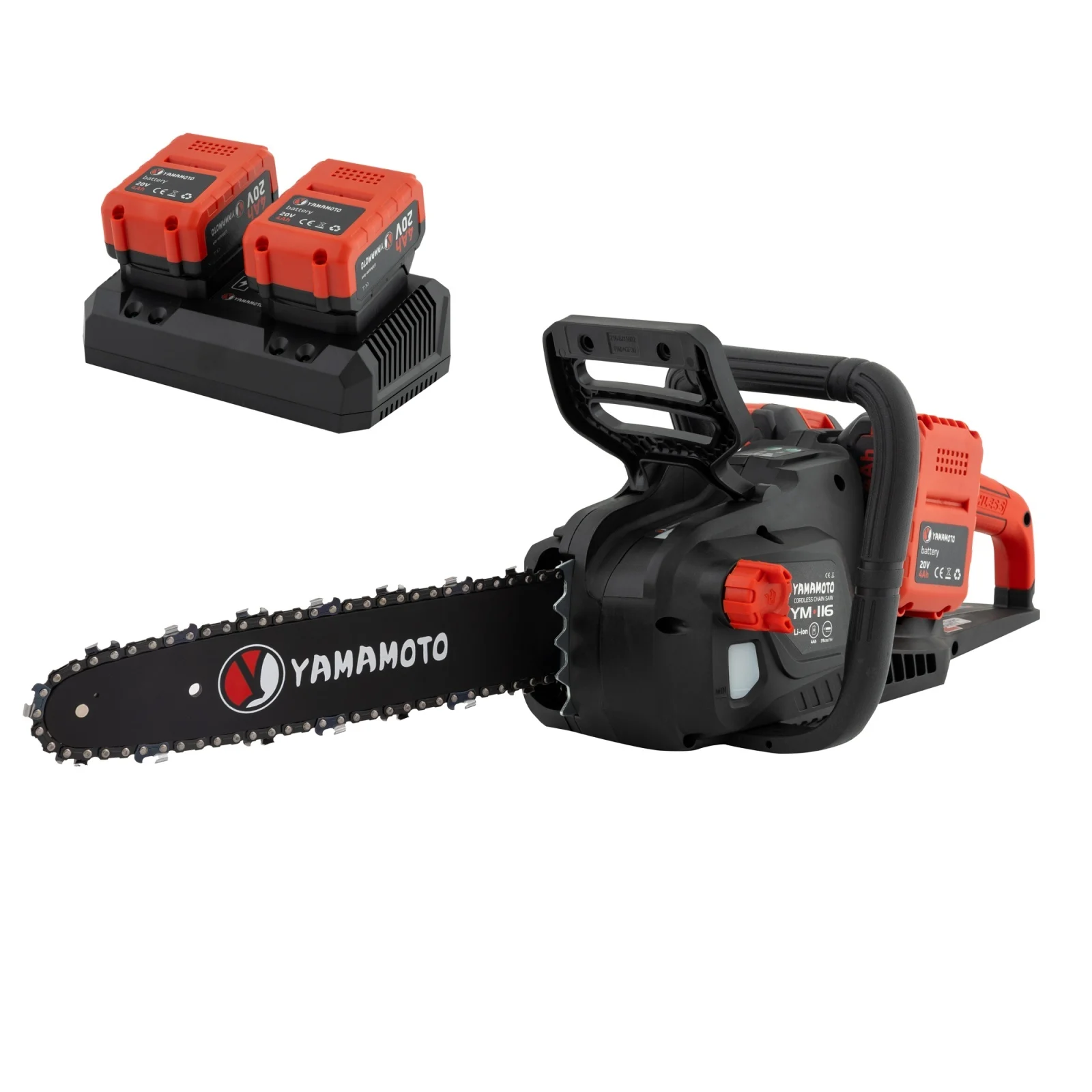 Drujbe - Drujbă Electrică  pe Acumulator YM.116 Yamamoto – Motor Brushless, Lățime Lamei 14'', 2 Acumulatori 20V/4.0Ah, Încărcător Dublu Loc, Oprire Siguranță, Întinzător Lanț Auto-Tensionat