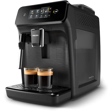 Marelvi - Espressor automat Philips, 15 bar, 2 bauturi, 12 setari de macinare, Afisaj tactil, Rezervor 1.8 l, Setare Eco, Sistem classic de spumare a laptelui, Negru