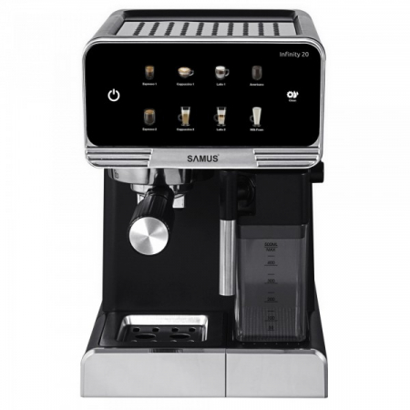 Espressoare, cafetiere si rasnite - Espressor cafea Samus Infinity 20, cafea macinata, capacitate 1.8 litri, rezervor lapte 500 ml, 7 optiuni de cafea, buton curatare, Negru + inox