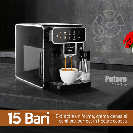 Espressor cafea Samus Perfection, automat, rasnita incorporata, cafea boabe, 15 bar, 7 bauturi automate, rezervor lapte 300 ml, 5 nivele de macinare, protectie supraincalzire, Negru [10]