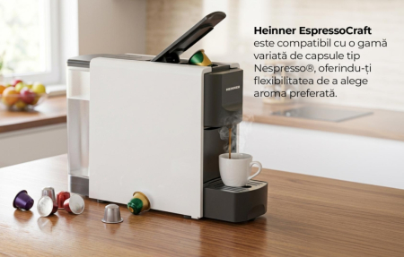 Espressor cu capsule Heinner EspressoCraft HEMC-DD20WHBK, 1140 W, 20 Bar, Compatibil Nespresso, Rezervor 0.6 L, Incalzire 40 sec, Control temperatura NTC, Oprire automata, Alb/Negru [2]