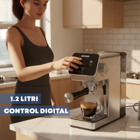 Espressor Manual Daewoo DCME1350, 1350 W, pompa ULKA 20 Bari, rezervor apa 1.2L, sistem precis de control al temperaturii PID,funcție de pre-infuzare pentru un gust mai bun al cafelei, carcasă din oțe [3]