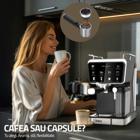 Espressor manual Samus Café Luxe 20K, 20 bar, rezervor lapte 500 ml, 8 tipuri băuturi, control tactil, 1350 W, capsule/cafea măcinată, negru-inox [8]