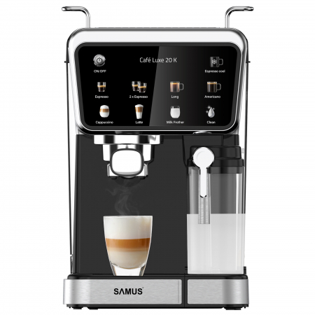 BUCATARIE - Espressor manual Samus Café Luxe 20K, 20 bar, rezervor lapte 500 ml, 8 tipuri băuturi, control tactil, 1350 W, capsule/cafea măcinată, negru-inox