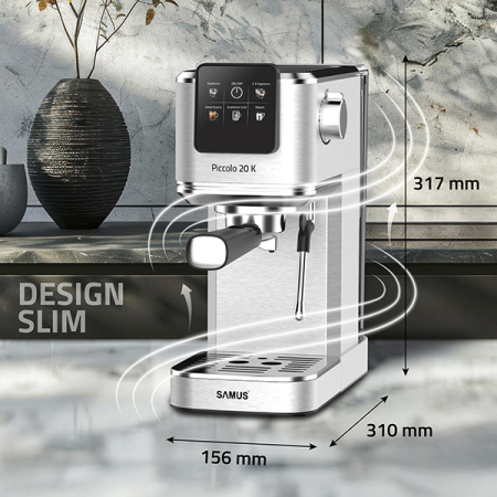 Espressor Manual Slim, 20 Bari, 1350W, Control Tactil, Cafea Măcinată & Capsule, 5 Băuturi, Rezervor 1.2L, Inox [10]