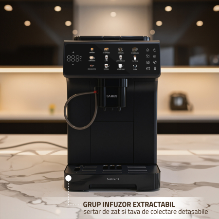 Espressor Samus Sublime 19, automat cu râșniță profesională, 19 bari, ecran digital 5", 10 băuturi, sistem lapte, 2 L, 1200–1400 W [13]