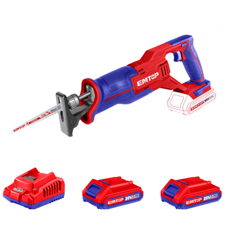 Fierastraie electrice - Fierăstrău tip sabie 20V, 2800 rpm, cu 2 x Baterii Litiu-Ion 2.0Ah și Incarcător, ELRS201152, EMTOP