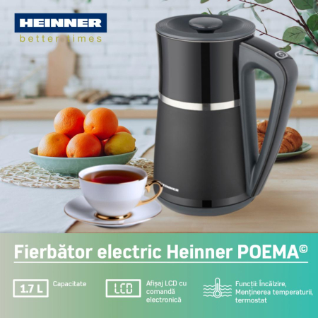 Fierbător Electric Digital Heinner HEK-D22002WBK, 2200W, 1.7L, Pereți Dubli, Interior Inox, Display LCD, Control Electronic, 5 Trepte de Temperatură 40-100°C, Funcție Menținere Cald, Oprire Automată,  [2]