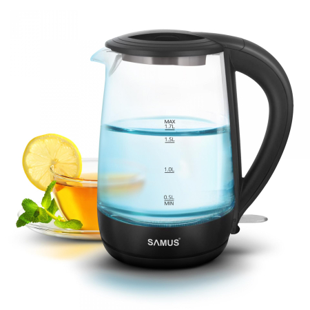 Fierbator electric din sticlă Samus AQUABELLE, 1.7 L, 2200 W, fără fir, bază rotativă 360°, oprire automată, protecție la supraîncălzire, iluminare LED [1]