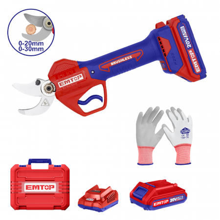 GRADINA - Foarfeca de gradina EMTOP ELSL203051, 20V, 20-30mm, motor fără perii, acumulator 2.0Ah, cutie transport