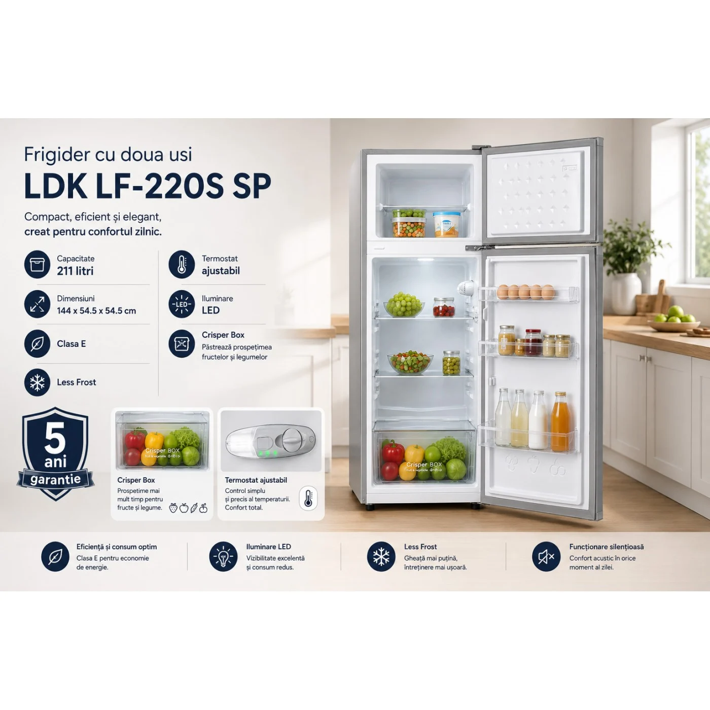 Frigider cu doua usi LDK LF-220S SP, Clasa E, Capacitate 211 l, Less Frost, Termostat ajustabil, Iluminare LED, H 144 cm, Argintiu [6]