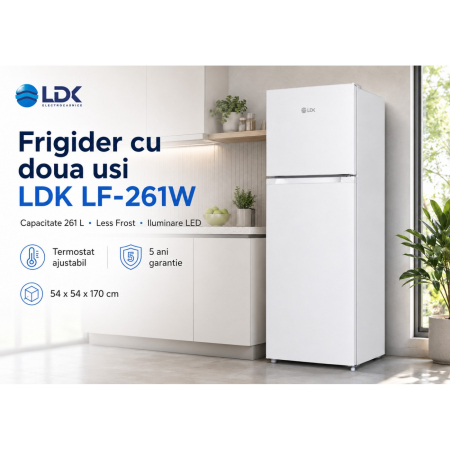 Frigider cu doua usi LDK LF-261W, Capacitate 261 l, Less Frost, Termostat ajustabil, Iluminare LED, H 170 cm, Alb [7]