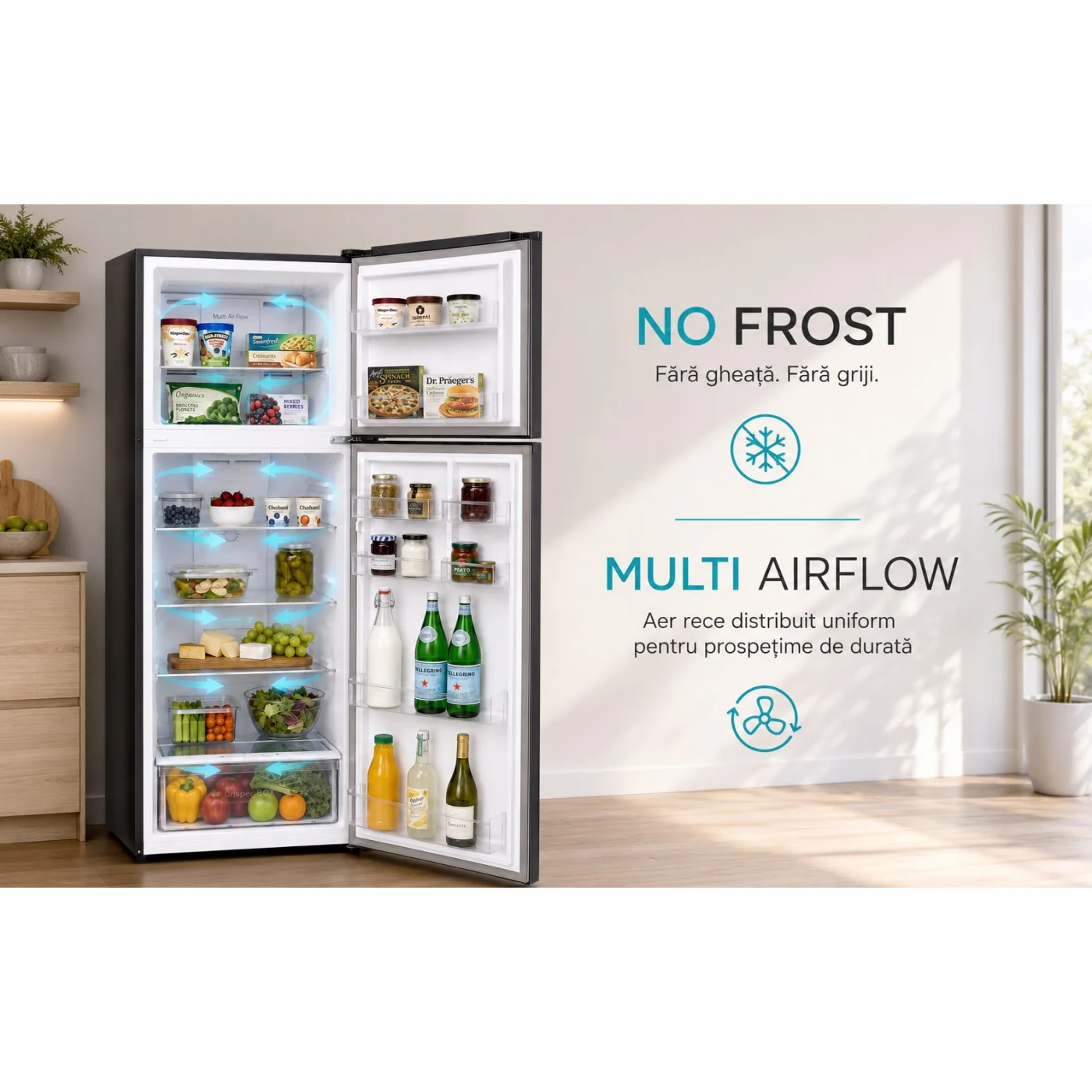 Frigider cu doua usi LDK LF-465NFDS, Capacitate 465 l, No Frost, Multi AirFlow, Crisper Box, Termostat ajustabil, H 186 cm, Clasa E, Dark Inox [8]