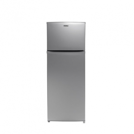 Frigidere - Frigider cu doua usi VIVAX DD-207E S, 204L, Clasa E, Termostat reglabil, Iluminare LED, Usi reversibile, Suprafata painted metal, 3 Rafturi de Sticla securizata, H 143 cm, Argintiu