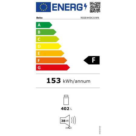 Frigider cu o usa Beko RSSE445K31WN, 402 l, Raft sticle, Iluminare LED, Clasa F, Consum anual energie (kWh): 153 kWh, H 185 cm, Alb [5]