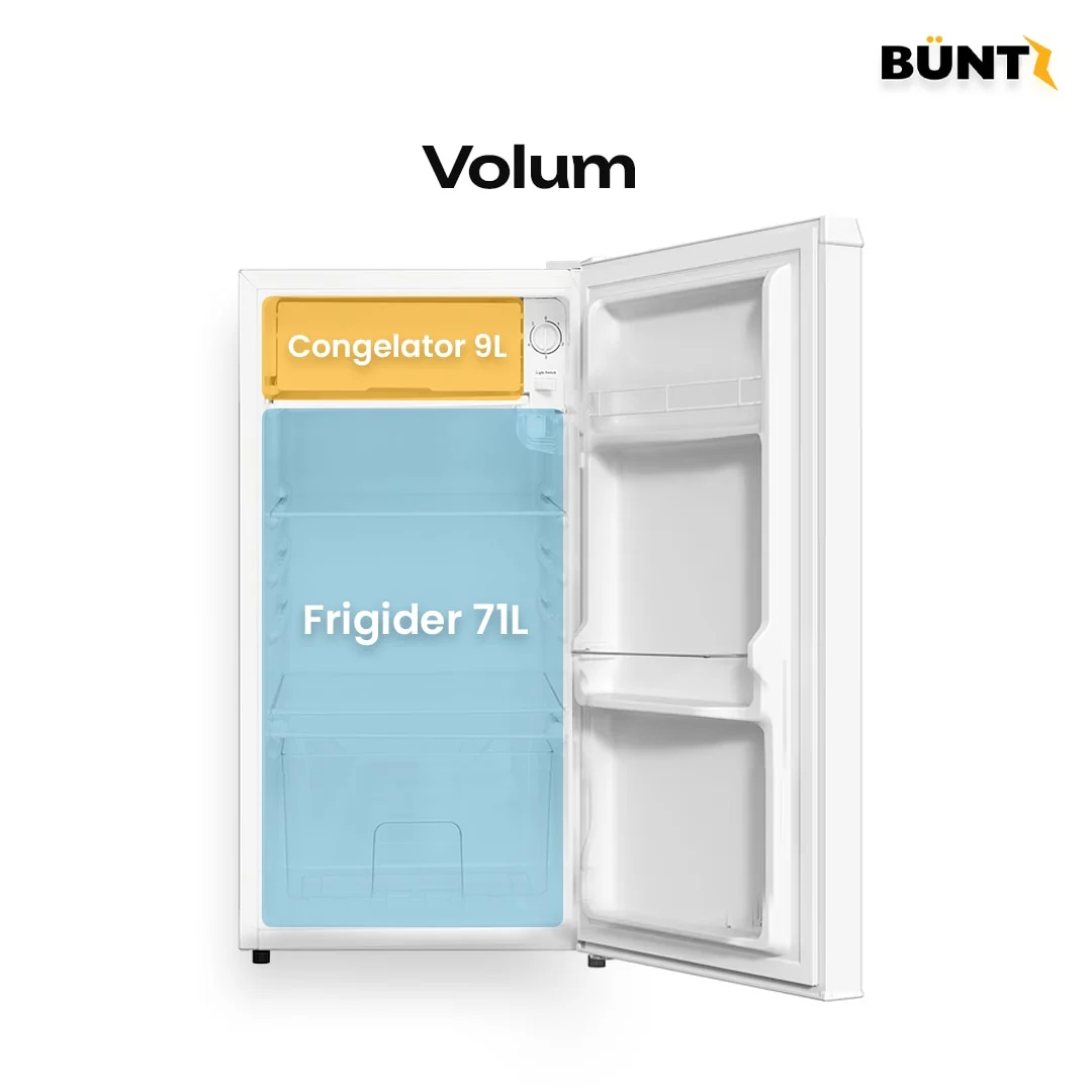 Frigider mic cu o ușă BUNTZ BF-90, 80L, Clasa E, congelator interior, iluminare LED, 83 cm, Alb [1]