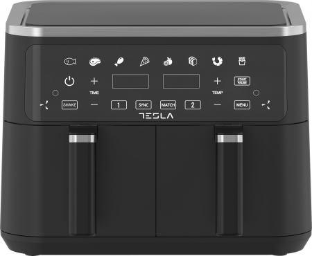 Friteuze - Friteuza aer cald Tesla AF900BSD, 9 L, Cos dublu, 2400W, Panou digital, 8 programe, Smart sync, Negru