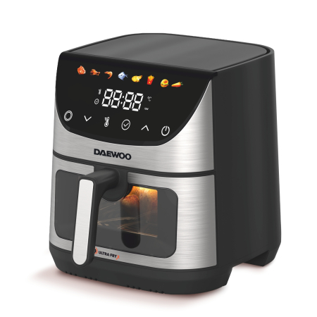 Marelvi - Friteuza cu aer cald Daewoo, putere maxima 1600 W, display LED, capacitate 6.5 litri, timer 60 minute, 8 programe predefinite, temperatura reglabila 80-200 grade Celsius, cos cu maner