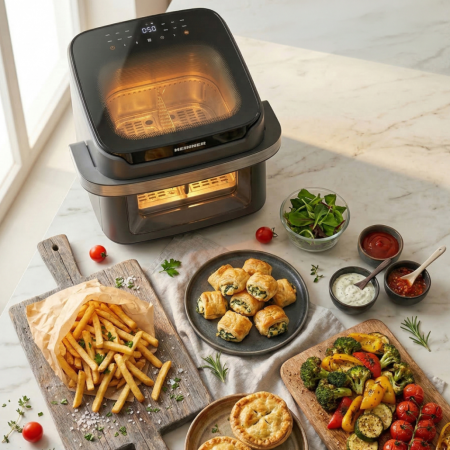 Friteuză dublă cu aer cald Heinner AirBake Revolution HAF-C10DB22GREY, 10L, 2200W, Dubla compartimentare, 12 Programe, Fereastră și Lumină Interioară, Gri [10]