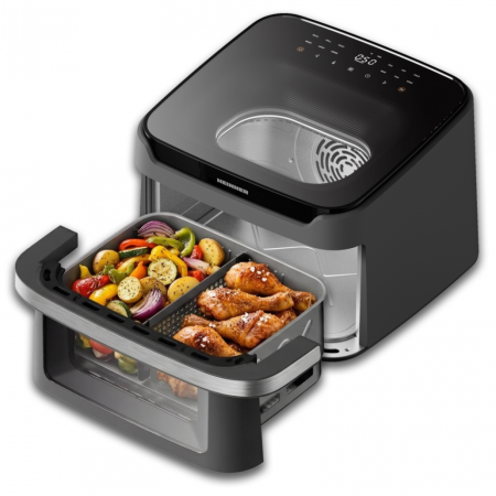 Friteuză dublă cu aer cald Heinner AirBake Revolution HAF-C10DB22GREY, 10L, 2200W, Dubla compartimentare, 12 Programe, Fereastră și Lumină Interioară, Gri [7]