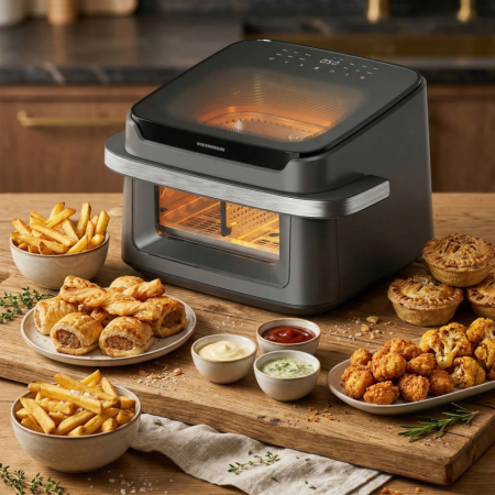 Friteuză dublă cu aer cald Heinner AirBake Revolution HAF-C10DB22GREY, 10L, 2200W, Dubla compartimentare, 12 Programe, Fereastră și Lumină Interioară, Gri [12]