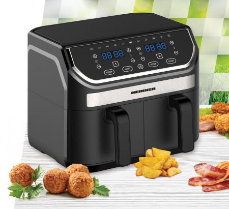 BUCATARIE - Friteuza dubla cu aer cald Heinner Double Master HAF-KDB1700BK, 8.5L, 1700W, doua cosuri detasabile antiaderente, tehnologie de circulare rapida a aerului, display digital cu control Touch, 11 program
