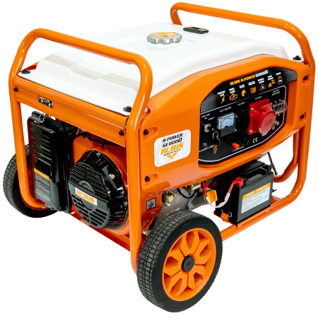Generator curent trifazat ModelR-Power GE 8000, 7500W, 230/400V, pornire electrică, benzină, motor 4 timpi 459cc, cupru, cadru industrial, 2 prize [8]