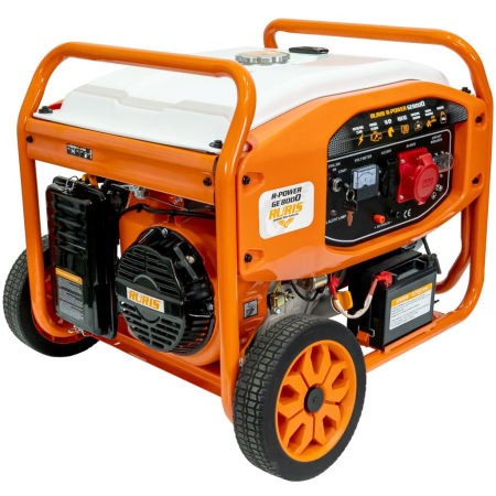 BRICOLAJ - Generator curent trifazat ModelR-Power GE 8000, 7500W, 230/400V, pornire electrică, benzină, motor 4 timpi 459cc, cupru, cadru industrial, 2 prize