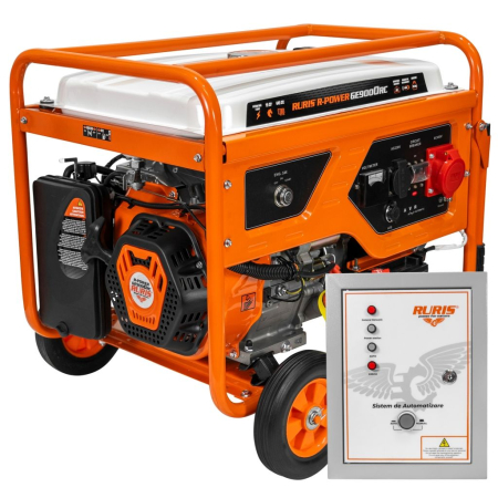 Generatoare - Generator curent trifazat Model R-Power GE 9000RC ATS, 7500W, AVR + ATS, pornire electrică cu telecomandă, 230/400V, benzină, motor 4 timpi, cupru, roți transport, cadru industrial