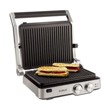 Gratar electric Samus GTS-2020, placi tip grill antiaderente, carcasa termoizolanta din plastic + inox, reglaj al temperaturii, timer, Inox/Negru [2]