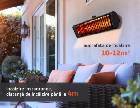 Încălzitor Electric de Perete Heinner, 2000 W, Încălzire Instantanee, Lampă Amber Low Glare, Suprafață Încălzire 10-12 m², Rază până la 4 m, Protecție IP54, Carcasă Aluminiu, Negru [4]