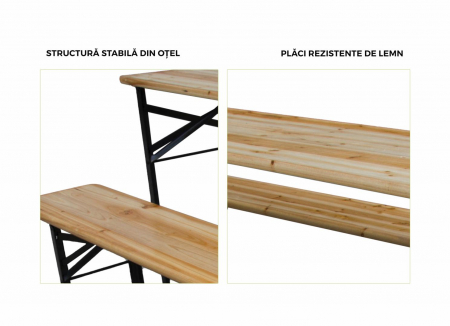 Heinner Set Masă cu 2 Bănci Lemn Pliabile, Dimensiuni Banca: 167x23x45 cm, Structură Oțel 27x27mm [2]