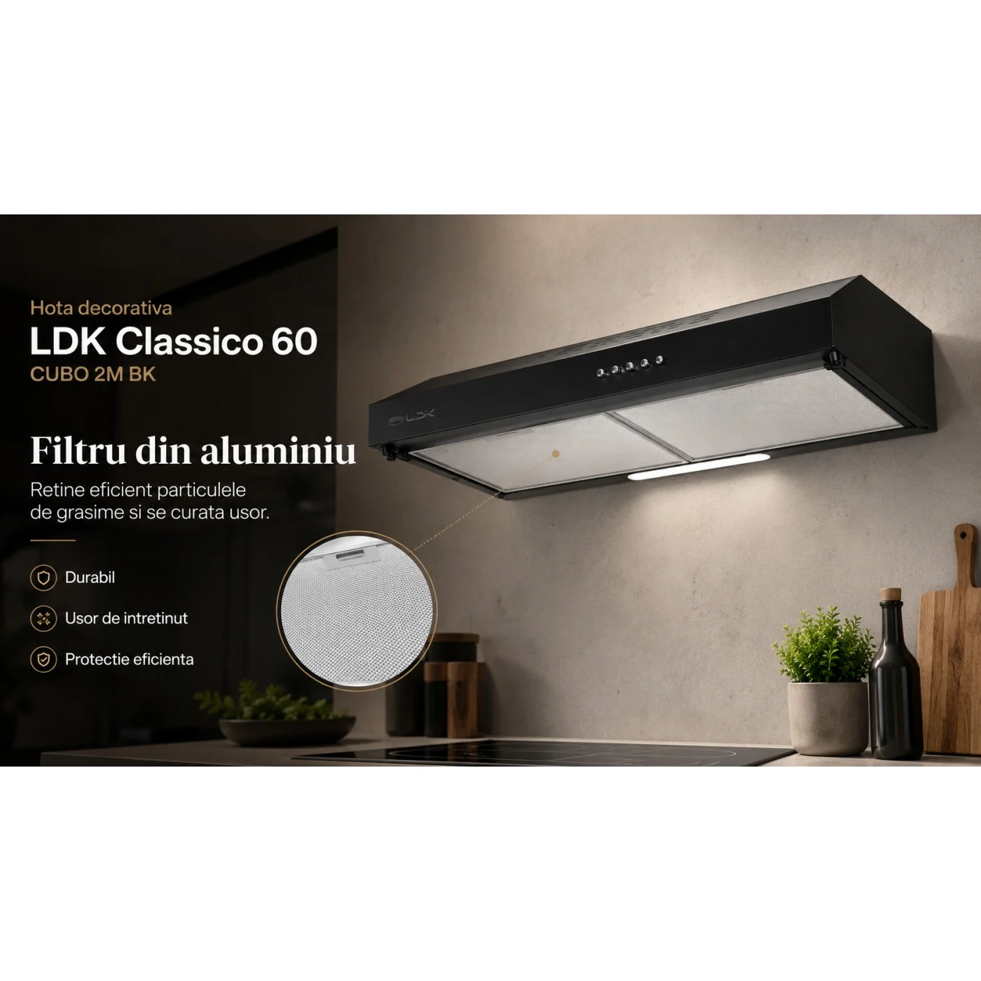 Hota decorativa LDK Classico 60 CUBO 2M BK, Putere de absorbtie 450 m3/h, 3 trepte de putere, 2 motoare, Iluminare LED, Filtru aluminiu, Negru [6]