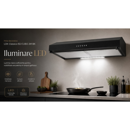 Hota decorativa LDK Classico 60 CUBO 2M BK, Putere de absorbtie 450 m3/h, 3 trepte de putere, 2 motoare, Iluminare LED, Filtru aluminiu, Negru [7]