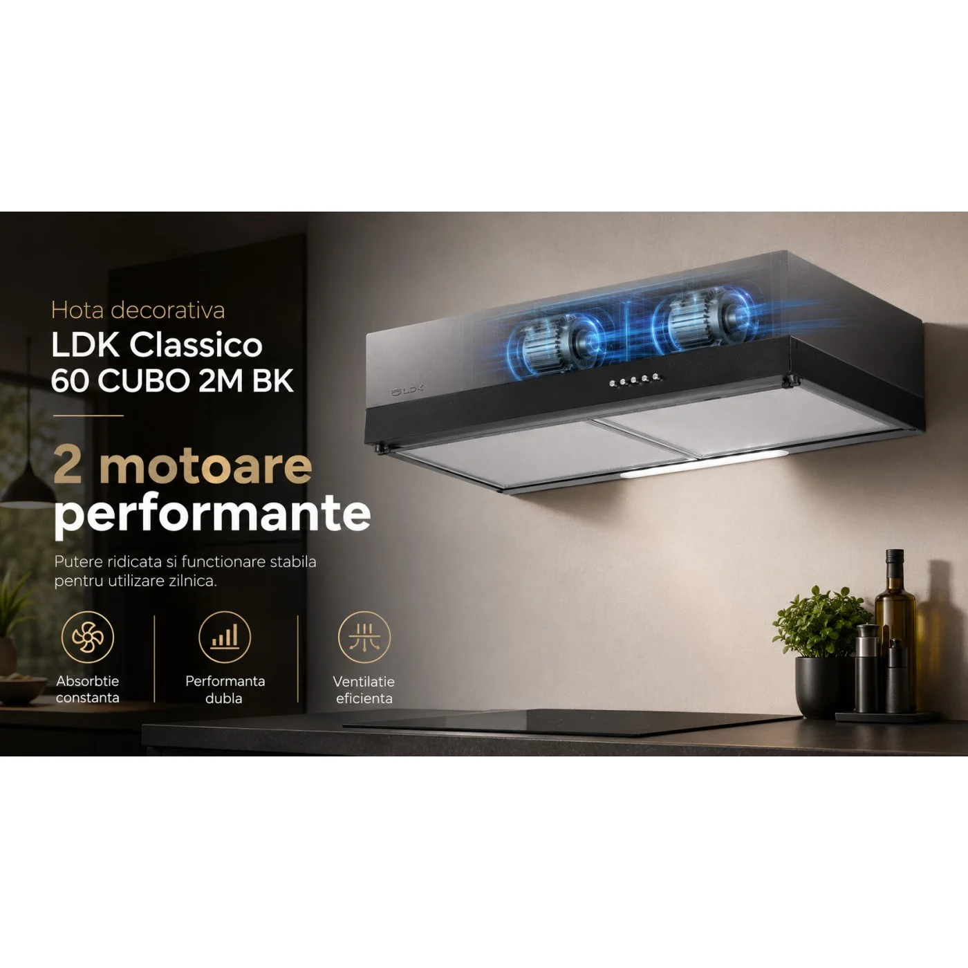 Hota decorativa LDK Classico 60 CUBO 2M BK, Putere de absorbtie 450 m3/h, 3 trepte de putere, 2 motoare, Iluminare LED, Filtru aluminiu, Negru [3]
