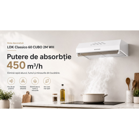 Hota decorativa LDK Classico 60 CUBO 2M W, Putere de absorbtie 450 m3/h, 3 trepte de putere, 2 motoare, Iluminare LED, Filtru aluminiu, Alb [6]