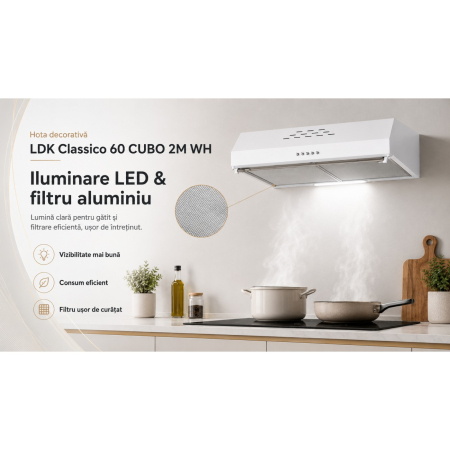 Hota decorativa LDK Classico 60 CUBO 2M W, Putere de absorbtie 450 m3/h, 3 trepte de putere, 2 motoare, Iluminare LED, Filtru aluminiu, Alb [7]