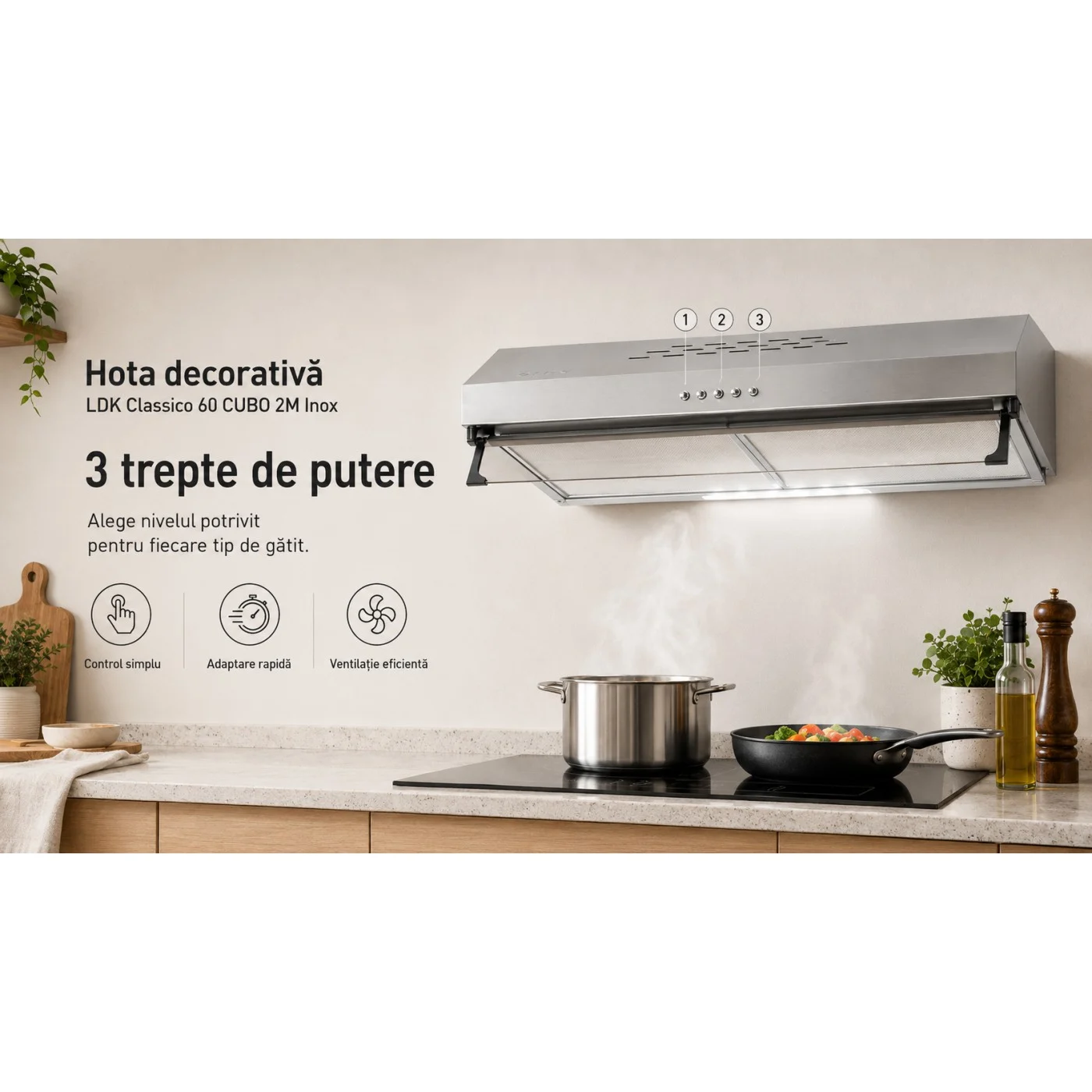 Hota decorativa LDK Classico 60 CUBO 2M X, Putere de absorbtie 450 m3/h, 3 trepte de putere, 2 motoare, Iluminare LED, Filtru aluminiu, Inox [3]