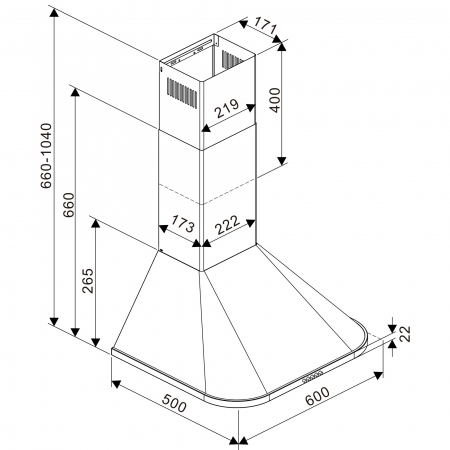 Hota decorativa semineu Tesla DC600AXP, 1 motor 190W, Putere de absorbtie 630 m3/h, 3 viteze, Led 2x2W, 60 cm, Inox [3]