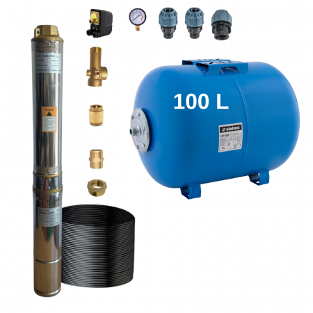 Pompe submersibile - Kit Hidrofor - Pompa submersibila DRK, 4STM4-8, putere 1.5 kW, debit 5m3/h, 8 turbine + Vas de expansiune 100 L, racord 5 cai, supapa de sens, presostat, manometru